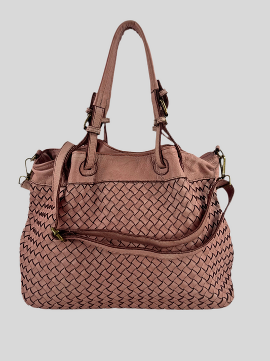 Borsa pelle lavata rosa frontale intrecciato Made in italy