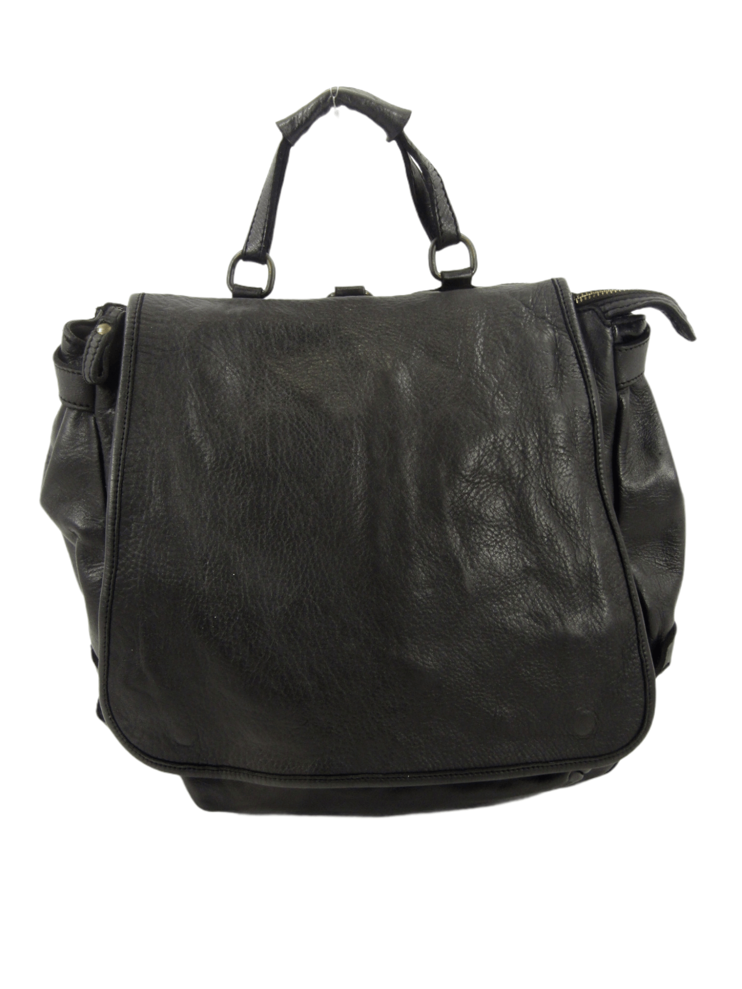 Borsa multifunzione Atena, costruita con pelle di alta qualità tinta in capo, indossata, colore marrone, si porta a mano, a zaino, a spallo o tracolla, accessoriata da molte tasche colore nero